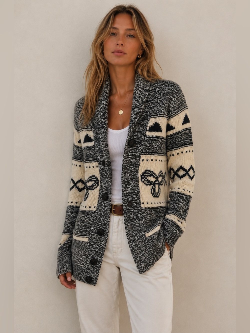 Aritzia TNA Lambswool Chunky Knit Sea To Sky Cardigan Boho Western‎ Grandpa